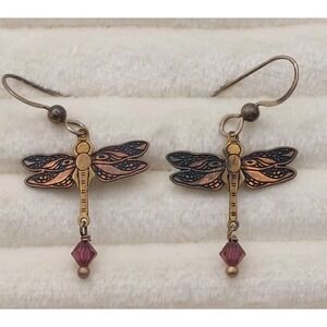 1990s Dangle Earrings Copper Dragonfly Purple Crystal Boho Nature Vintage Artsy